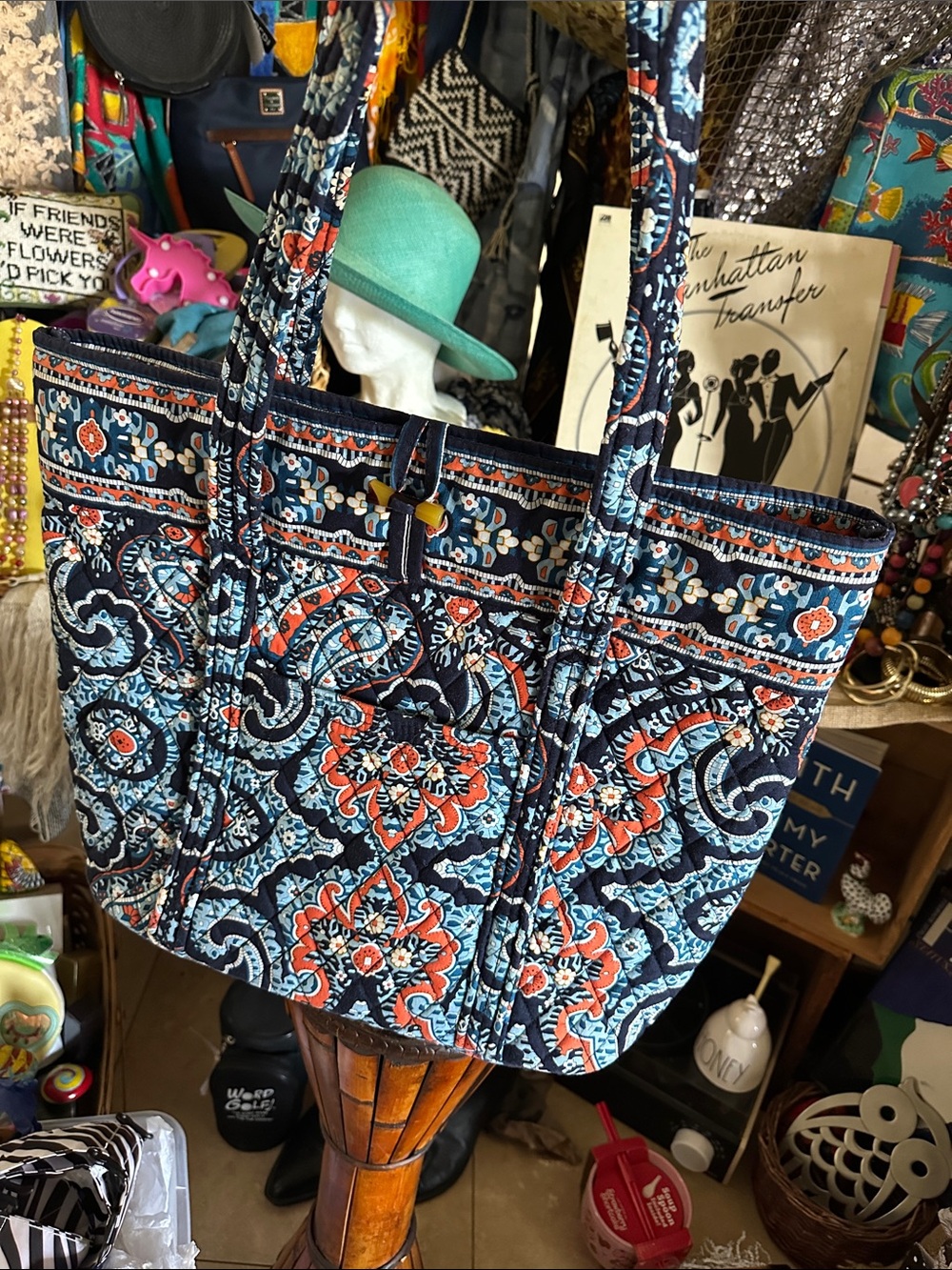 Vera Bradley Quilted Floral Paisley Tote Bag in Navy & Coral • NWOT • So Large